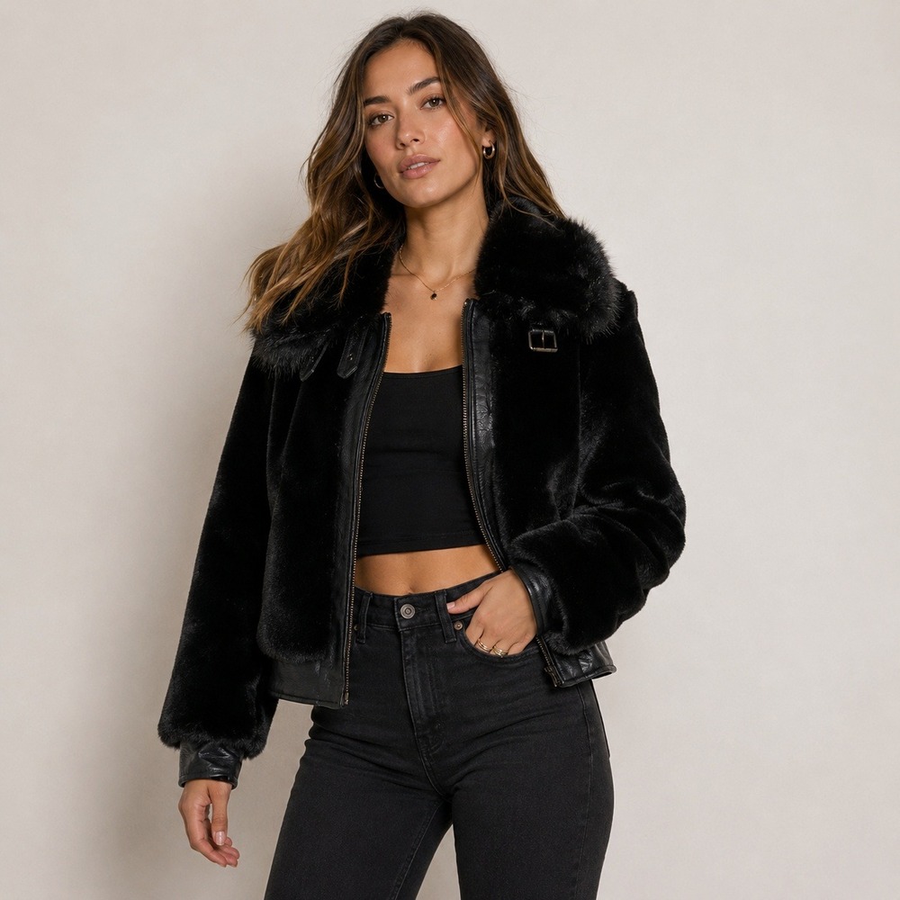 [BLANKNYC] Faux Fur Jacket Edgy Aviator XS Black Vegan Leather Trim Buckle